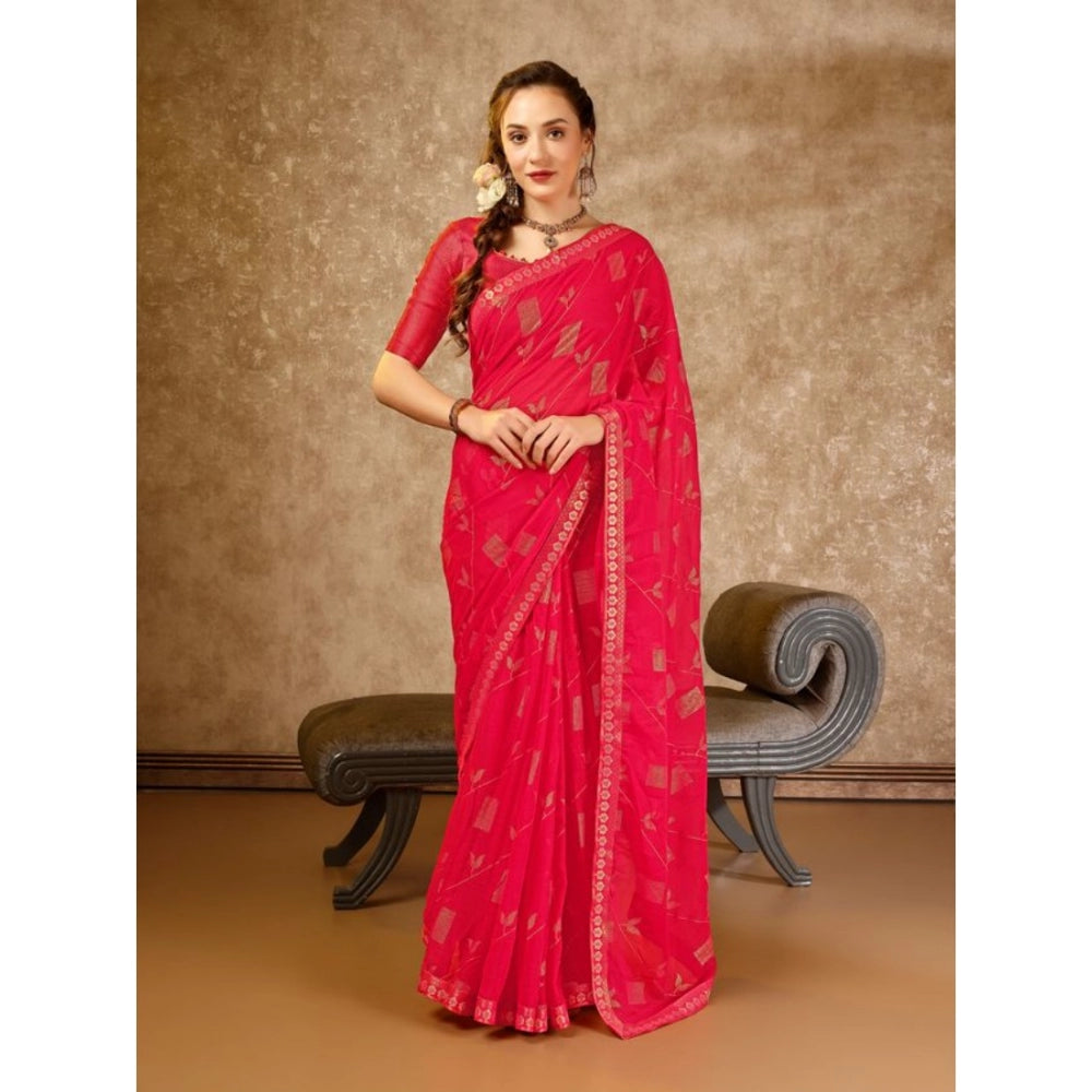 Generic Women's Zomto Patta Chiffon Saree With Unstitched Blouse (Pink, 5-6 Mtrs) - Noble Nook