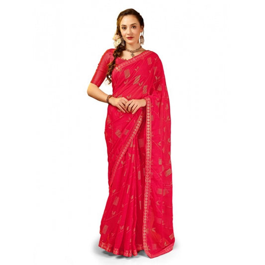 Generic Women's Zomto Patta Chiffon Saree With Unstitched Blouse (Pink, 5-6 Mtrs) - Noble Nook