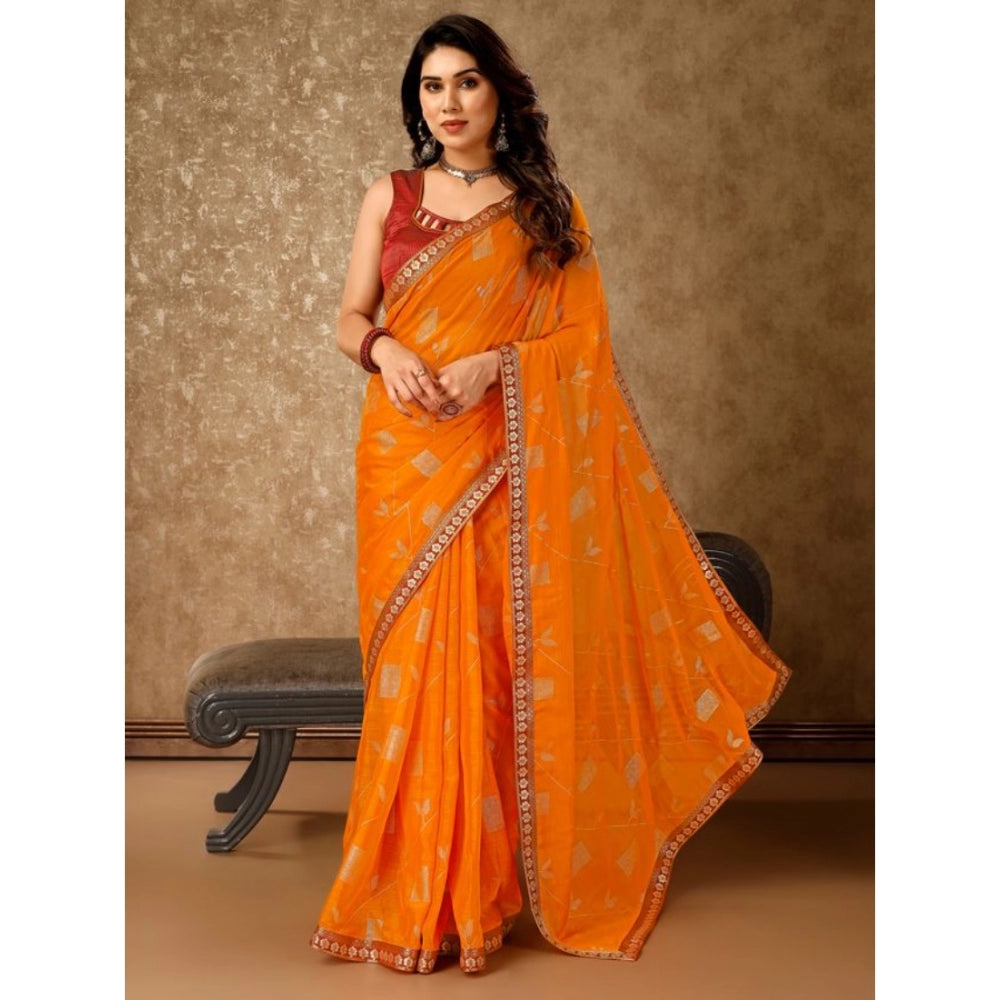 Generic Women's Zomto Patta Chiffon Saree With Unstitched Blouse (Yellow, 5-6 Mtrs) - Noble Nook