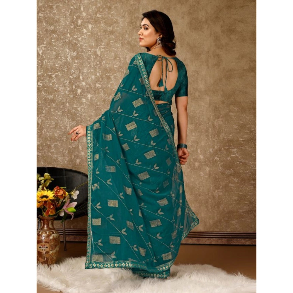 Generic Women's Zomto Patta Chiffon Saree With Unstitched Blouse (Teal Blue, 5-6 Mtrs) - Noble Nook