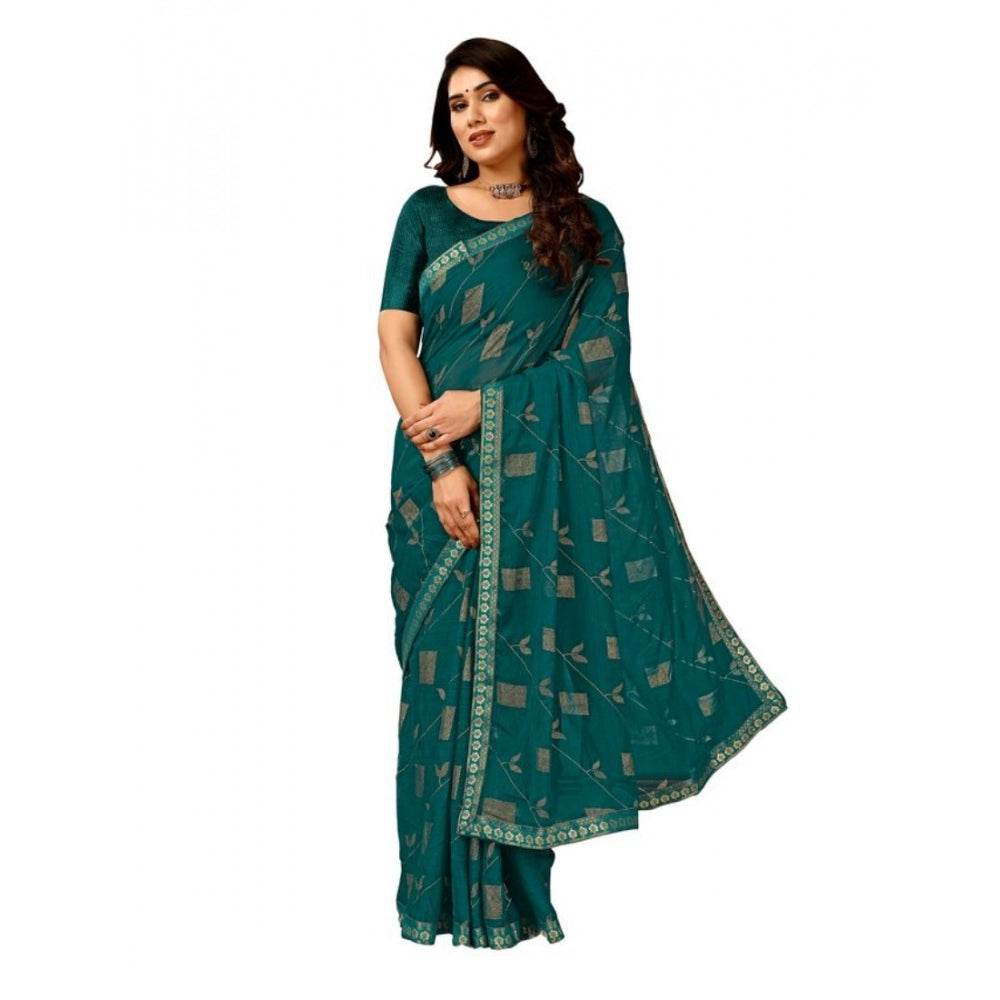 Generic Women's Zomto Patta Chiffon Saree With Unstitched Blouse (Teal Blue, 5-6 Mtrs) - Noble Nook