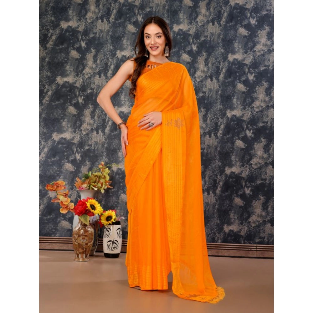 Generic Women's Chiffon Fabric Plain Saree With Unstitched Blouse (Yellow, 5-6 Mtrs) - Noble Nook