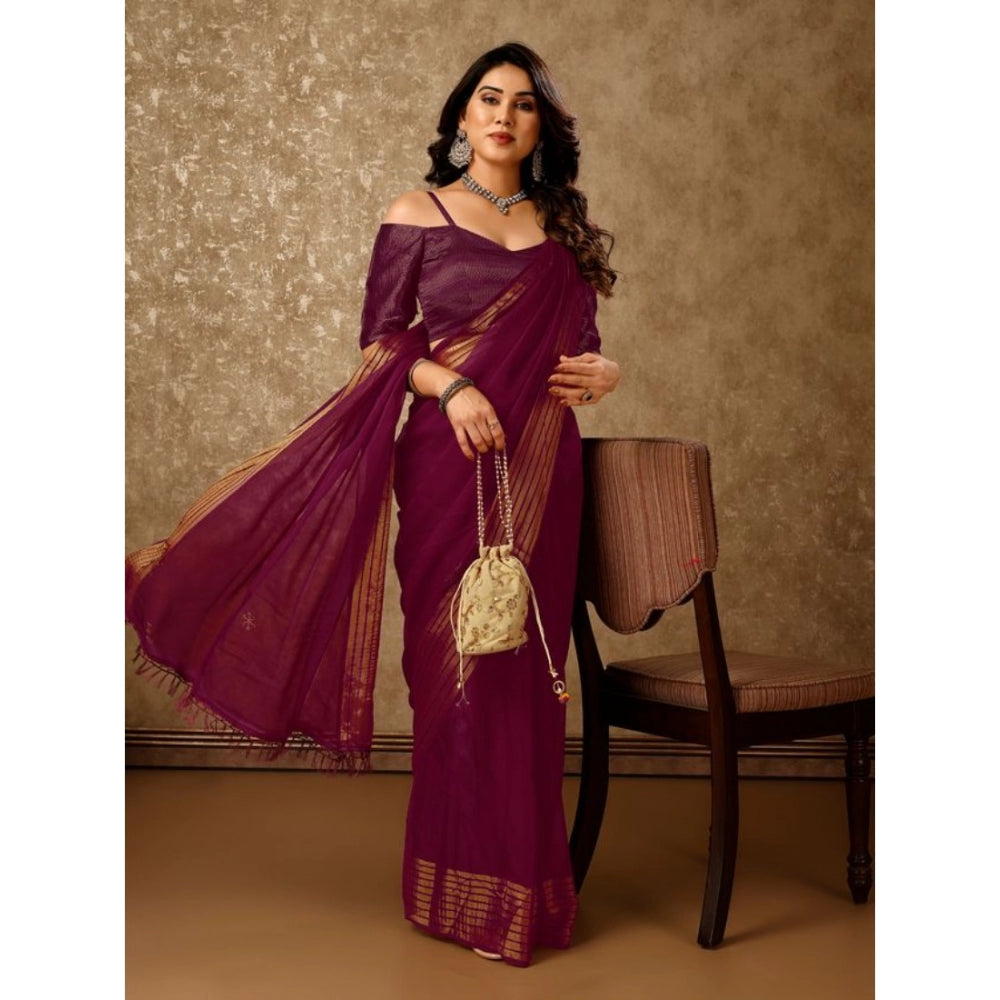 Generic Women's Chiffon Fabric Plain Saree With Unstitched Blouse (Wine, 5-6 Mtrs) - Noble Nook