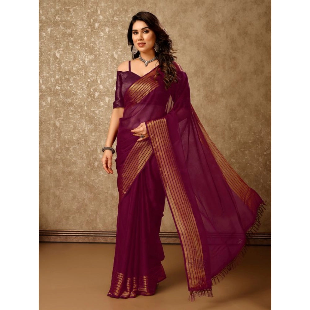 Generic Women's Chiffon Fabric Plain Saree With Unstitched Blouse (Wine, 5-6 Mtrs) - Noble Nook