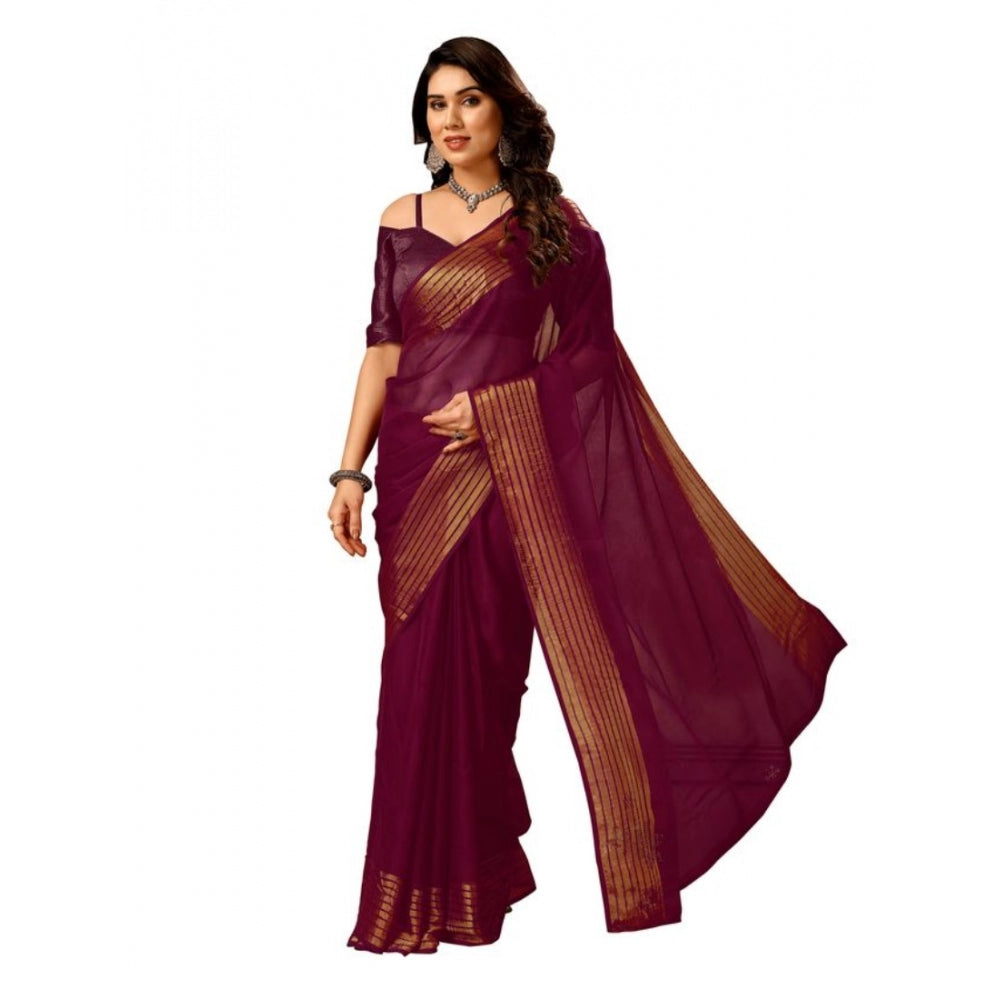 Generic Women's Chiffon Fabric Plain Saree With Unstitched Blouse (Wine, 5-6 Mtrs) - Noble Nook