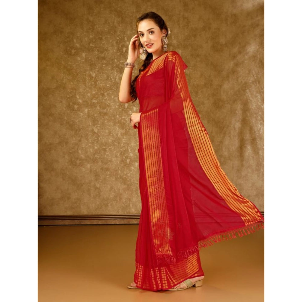 Generic Women's Chiffon Fabric Plain Saree With Unstitched Blouse (Red, 5-6 Mtrs) - Noble Nook