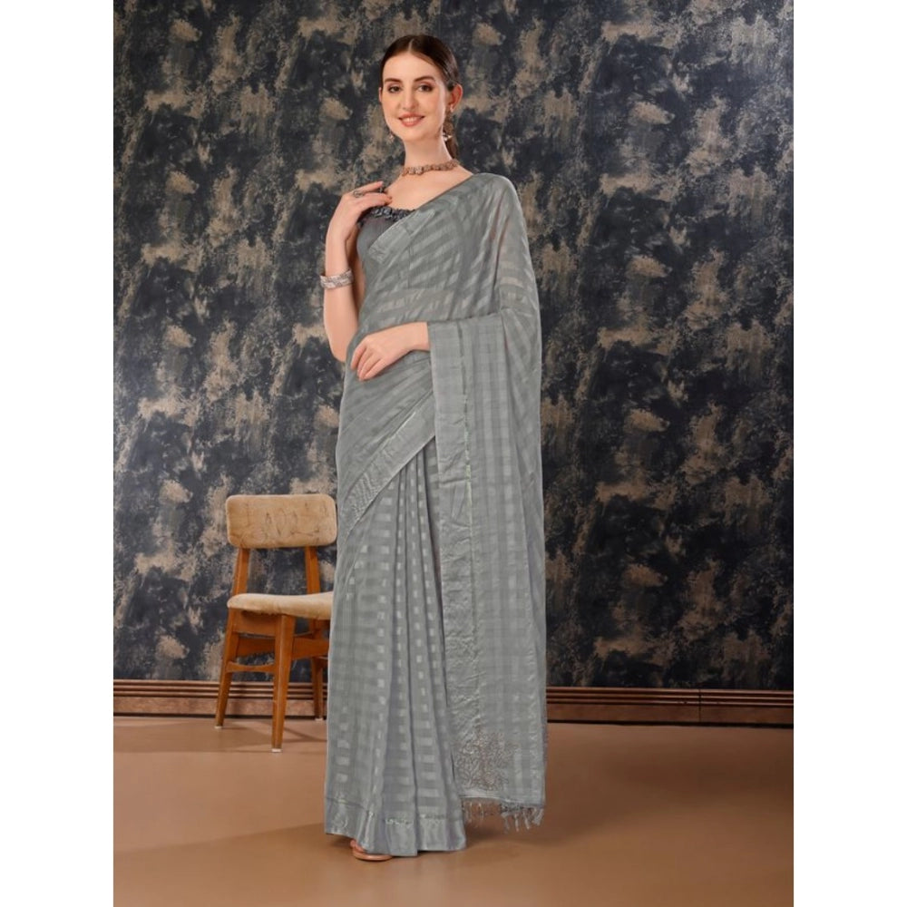 Generic Women's Chiffon Fabric Line Saree With Unstitched Blouse (Grey, 5-6 Mtrs) - Noble Nook