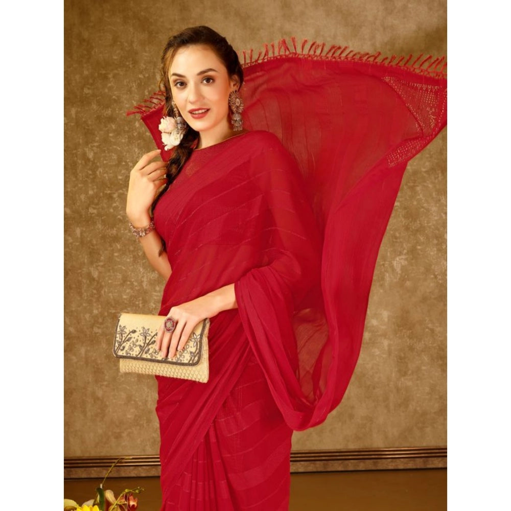 Generic Women's Chiffon Fabric Line Saree With Unstitched Blouse (Red, 5-6 Mtrs) - Noble Nook