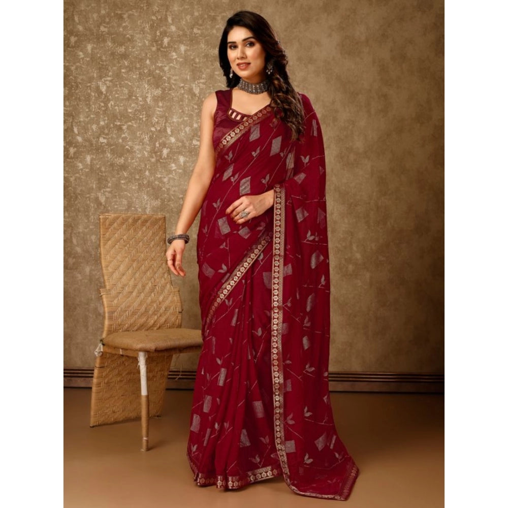 Generic Women's Zomto Patta Chiffon Saree With Unstitched Blouse (Maroon, 5-6 Mtrs) - Noble Nook