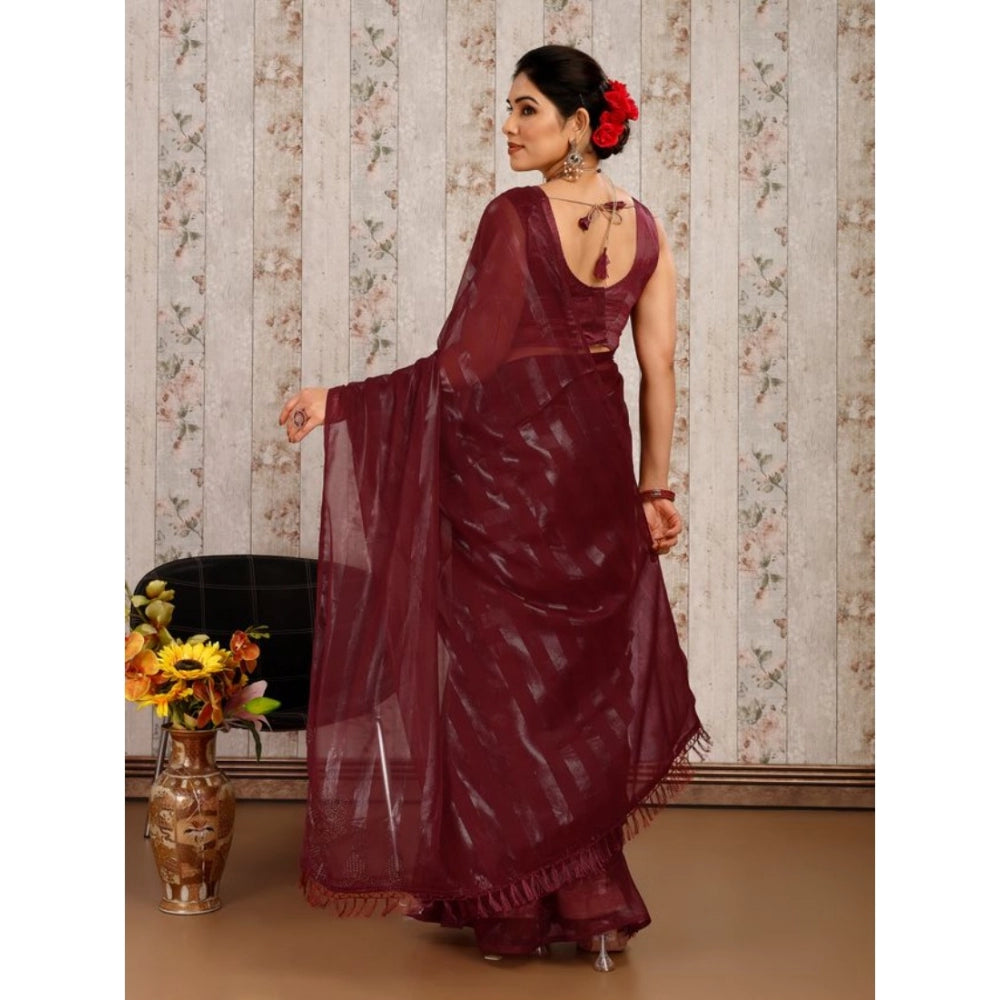 Generic Women's Chiffon Fabric Line Saree With Unstitched Blouse (Maroon, 5-6 Mtrs) - Noble Nook