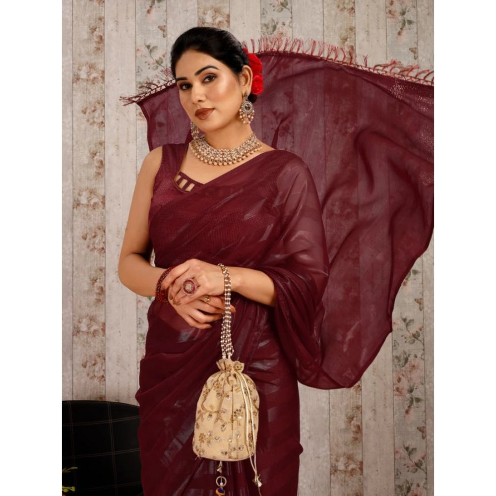 Generic Women's Chiffon Fabric Line Saree With Unstitched Blouse (Maroon, 5-6 Mtrs) - Noble Nook