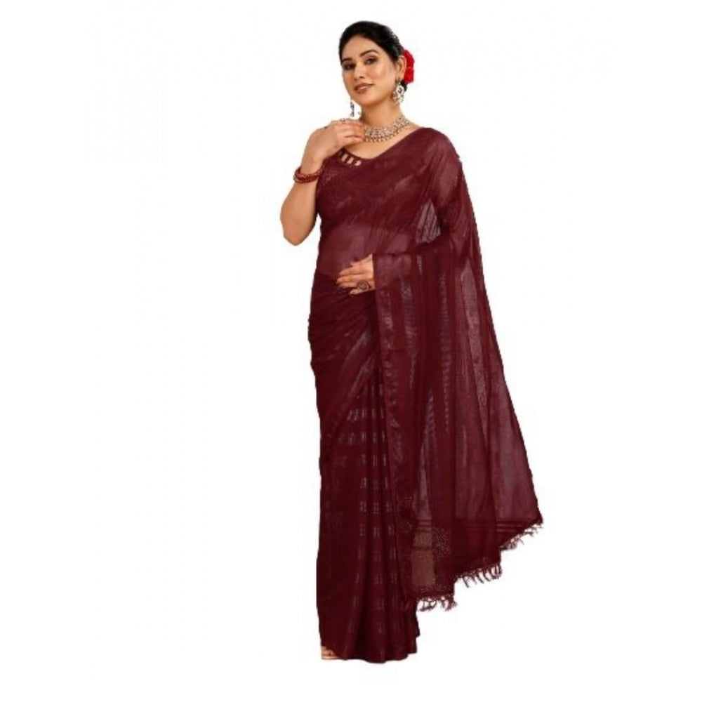 Generic Women's Chiffon Fabric Line Saree With Unstitched Blouse (Maroon, 5-6 Mtrs) - Noble Nook