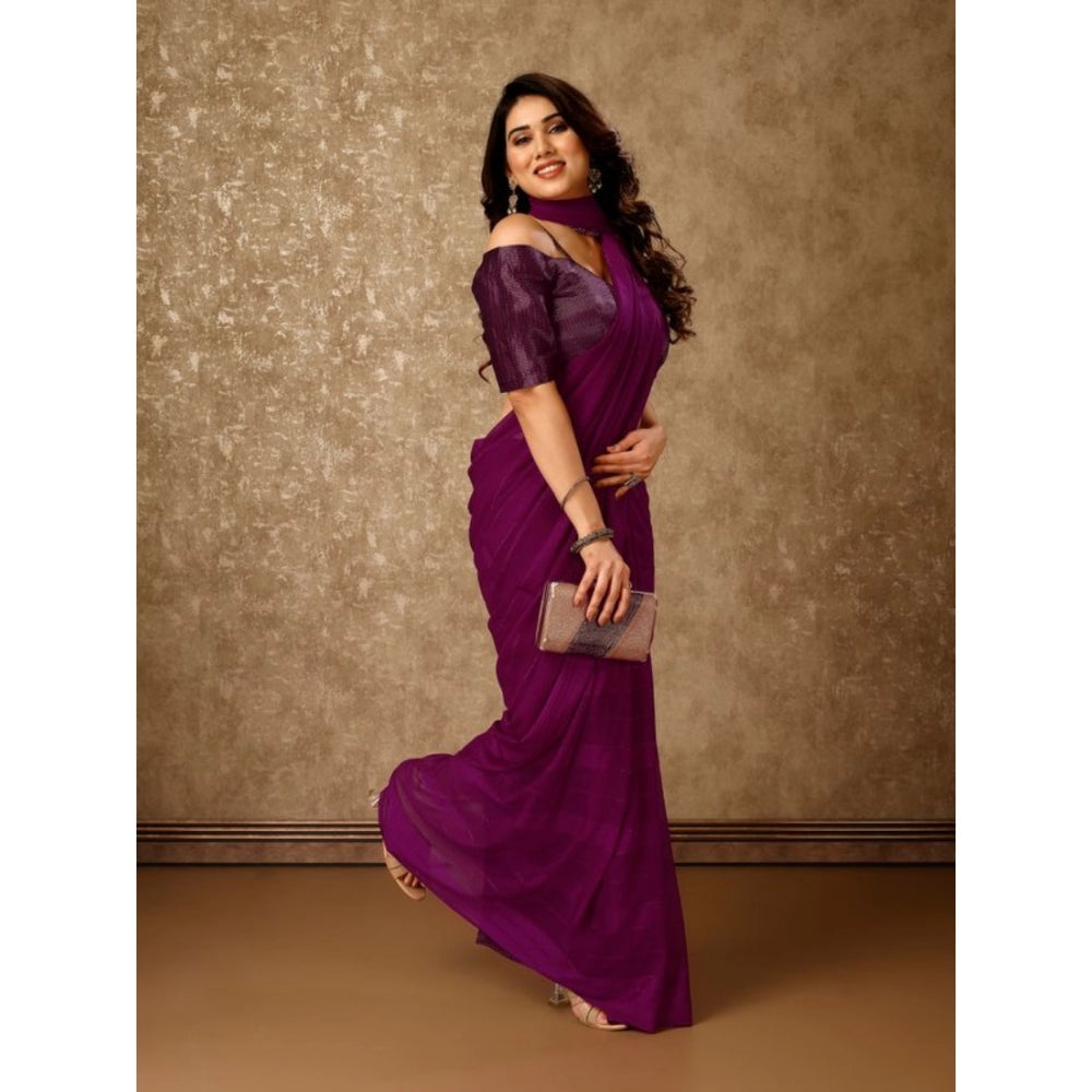 Generic Women's Chiffon Fabric Line Saree With Unstitched Blouse (Wine, 5-6 Mtrs) - Noble Nook