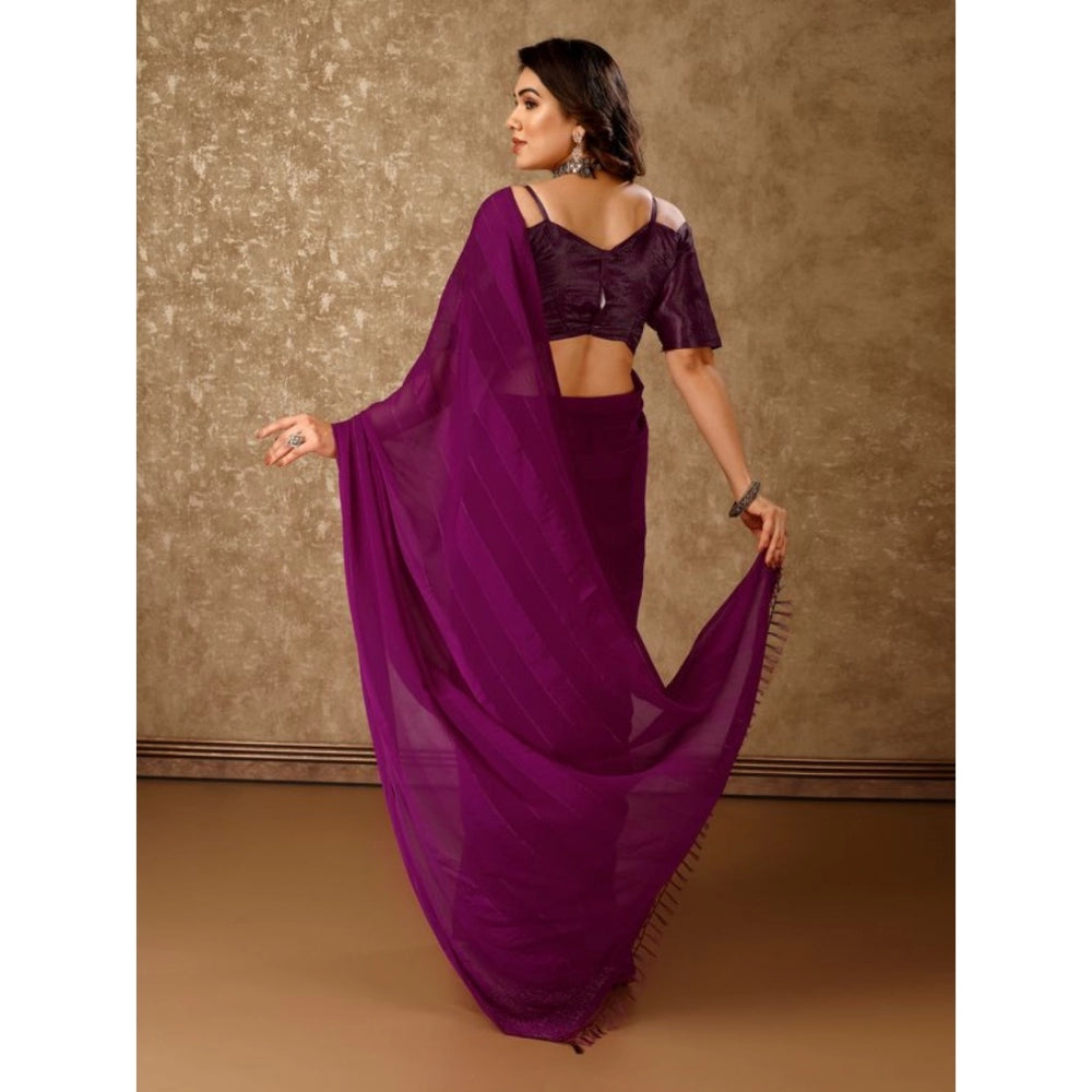 Generic Women's Chiffon Fabric Line Saree With Unstitched Blouse (Wine, 5-6 Mtrs) - Noble Nook