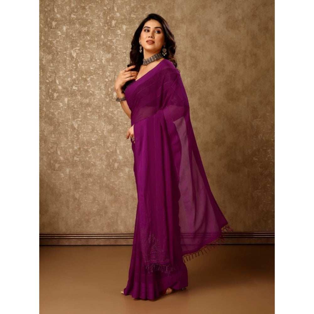 Generic Women's Chiffon Fabric Line Saree With Unstitched Blouse (Wine, 5-6 Mtrs) - Noble Nook