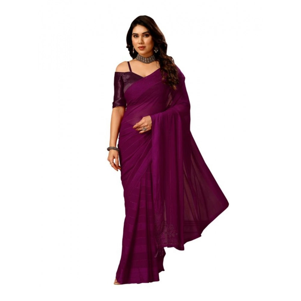 Generic Women's Chiffon Fabric Line Saree With Unstitched Blouse (Wine, 5-6 Mtrs) - Noble Nook