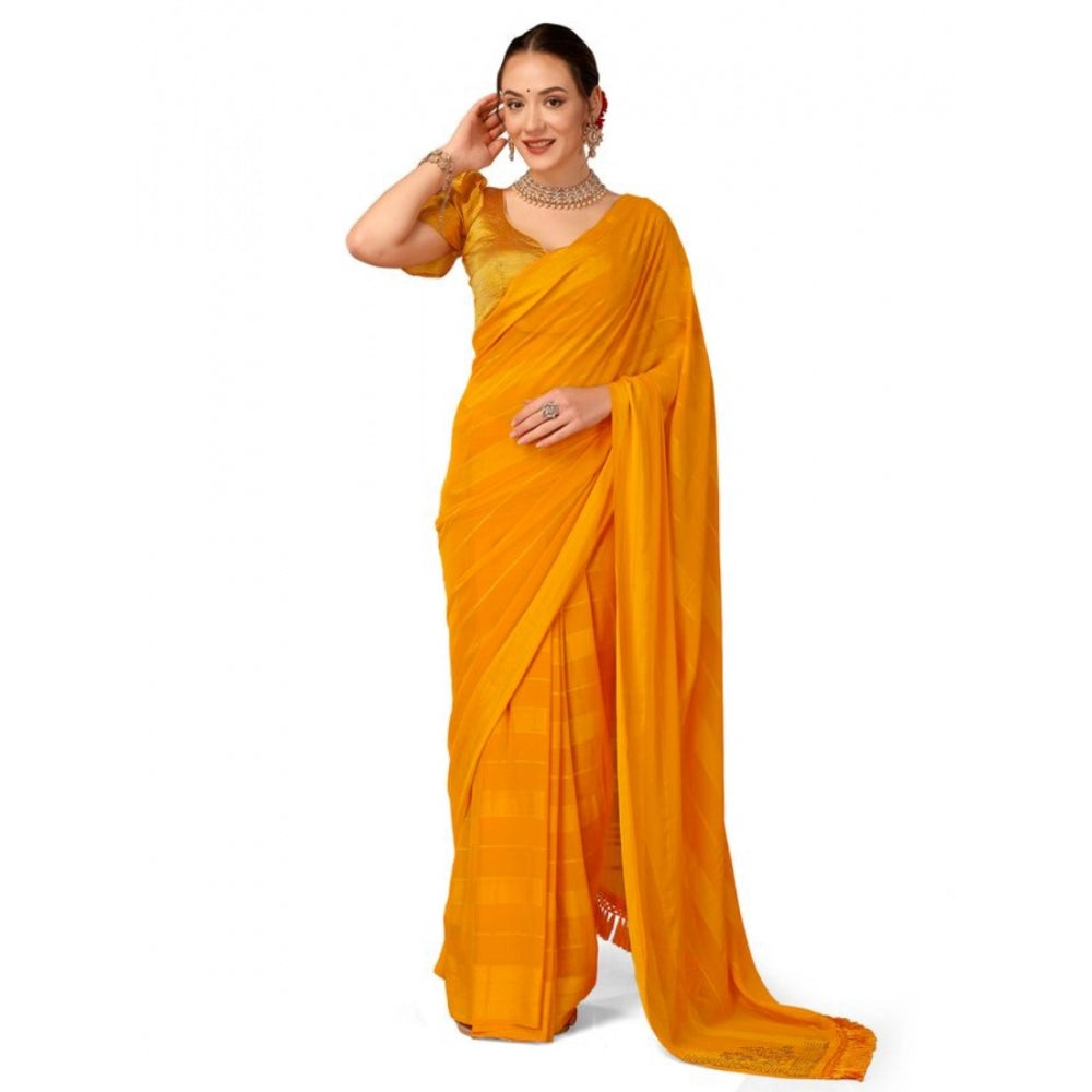 Generic Women's Chiffon Fabric Line Saree With Unstitched Blouse (Yellow, 5-6 Mtrs) - Noble Nook