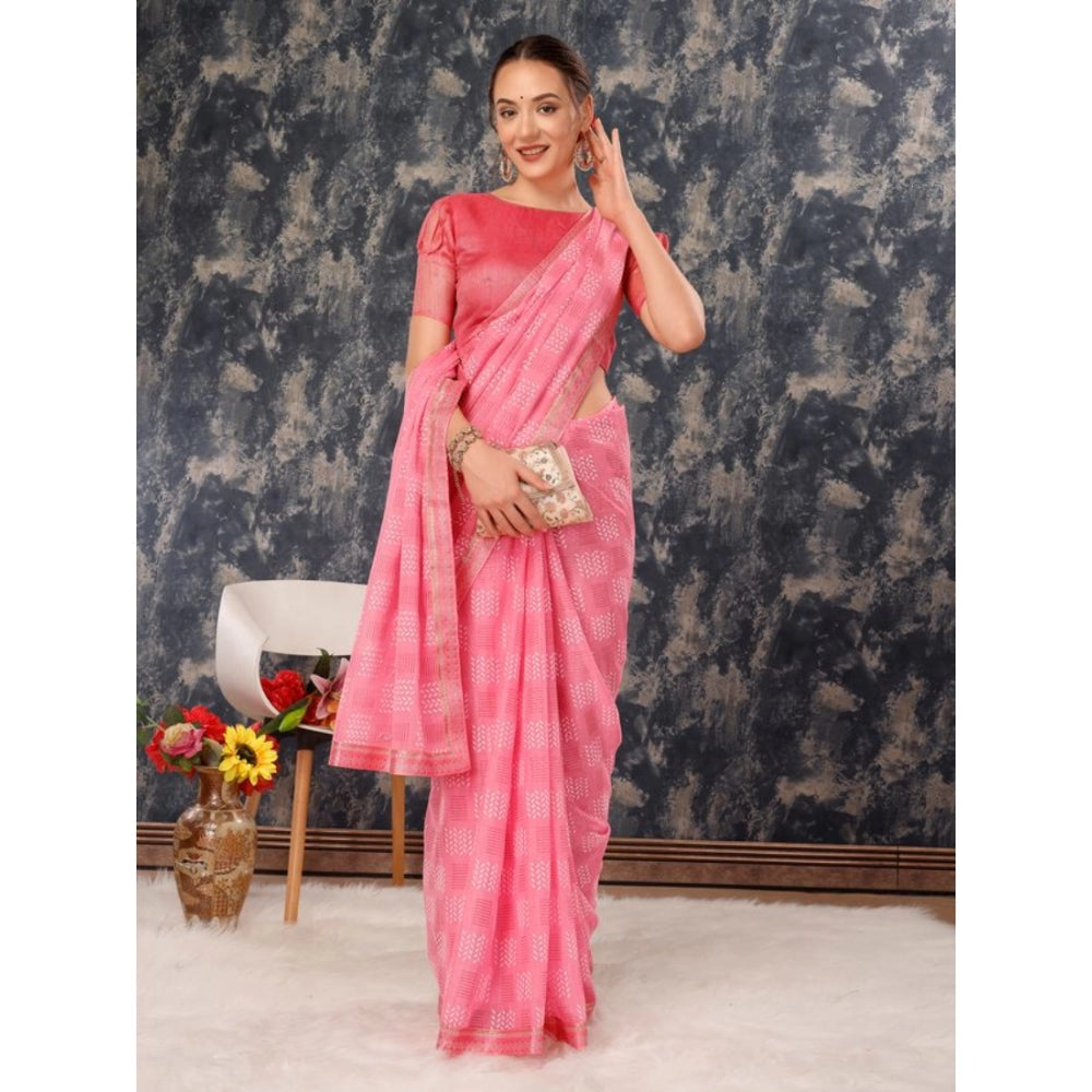 Generic Women's Zomto Checked Saree With Unstitched Blouse (Pink, 5-6 Mtrs) - Noble Nook