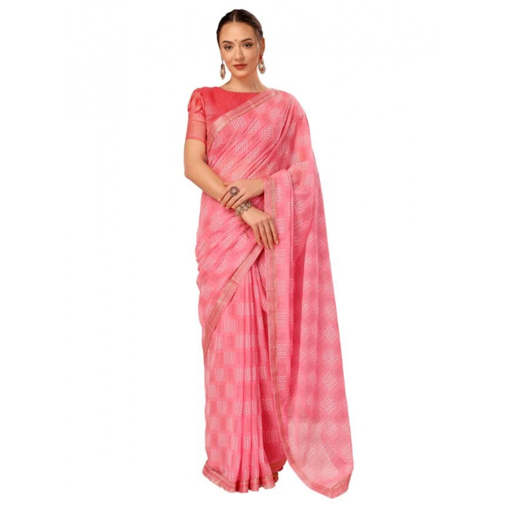 Generic Women's Zomto Checked Saree With Unstitched Blouse (Pink, 5-6 Mtrs) - Noble Nook