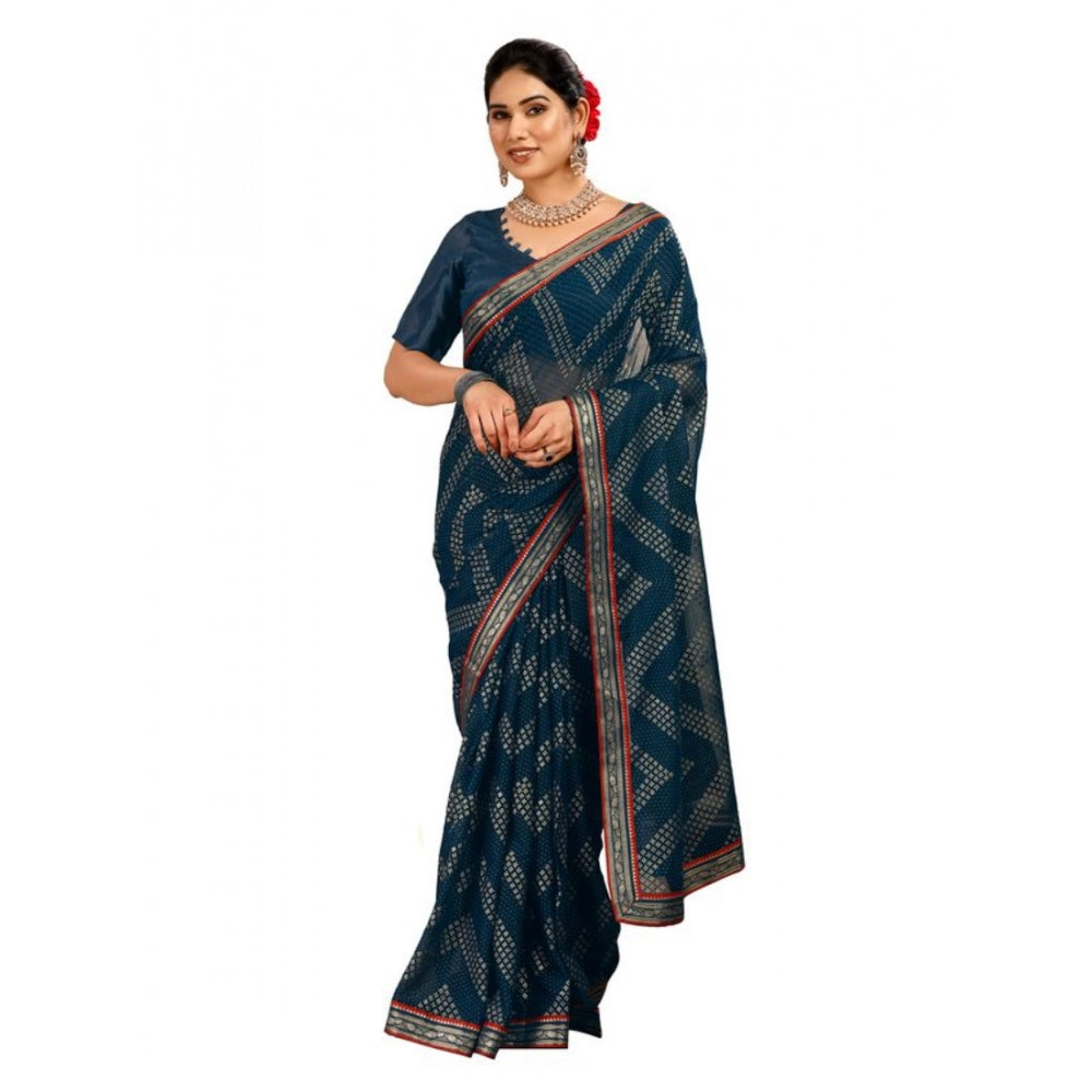 Generic Women's Zomto Zig Zag Saree With Unstitched Blouse (Blue, 5-6 Mtrs) - Noble Nook