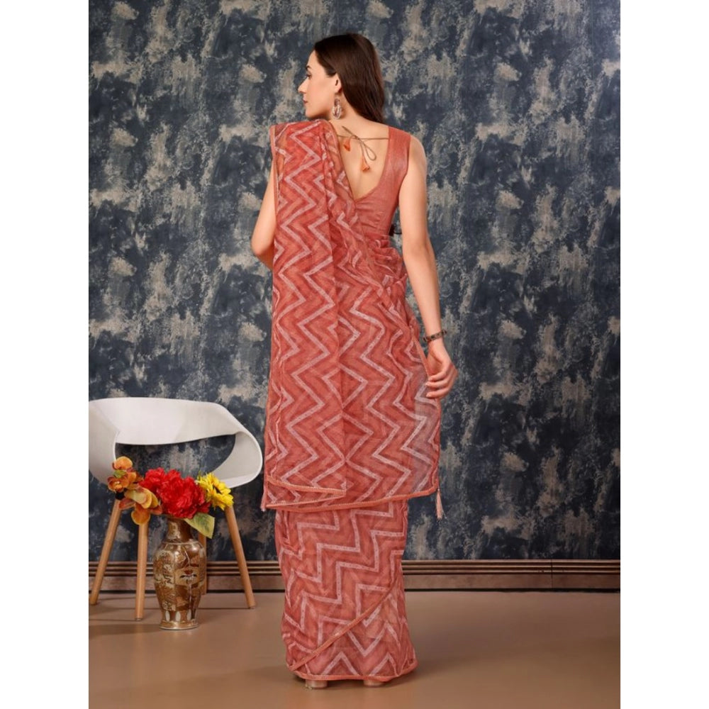 Generic Women's Linen Zig Zag Saree With Unstitched Blouse (Peach, 5-6 Mtrs) - Noble Nook