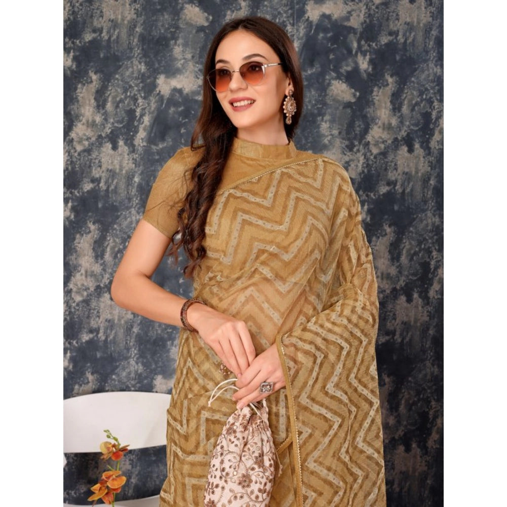 Generic Women's Linen Zig Zag Saree With Unstitched Blouse (Beige, 5-6 Mtrs) - Noble Nook