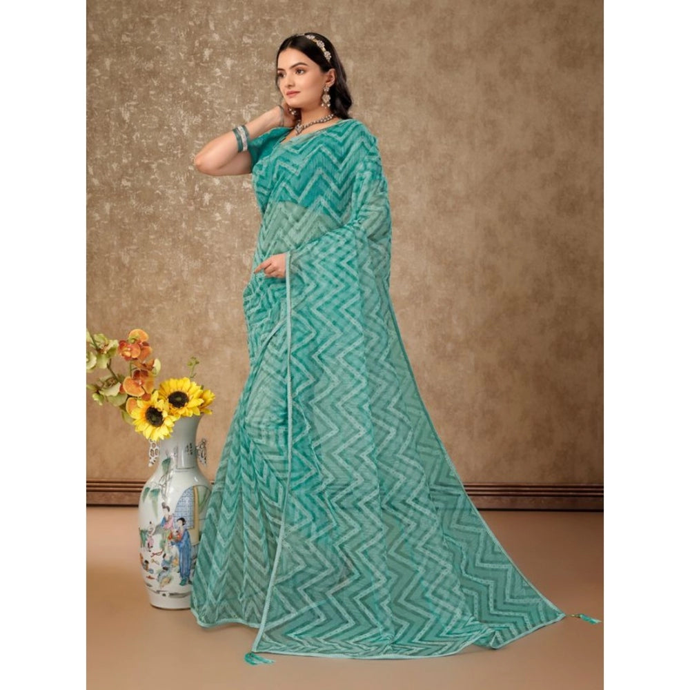 Generic Women's Linen Zig Zag Saree With Unstitched Blouse (Turquoise Green, 5-6 Mtrs) - Noble Nook