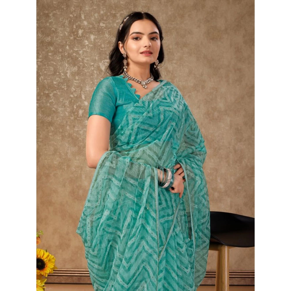 Generic Women's Linen Zig Zag Saree With Unstitched Blouse (Turquoise Green, 5-6 Mtrs) - Noble Nook