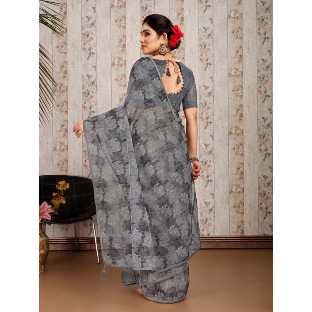 Generic Women's Linen Floral Printed Saree With Unstitched Blouse (Grey, 5-6 Mtrs) - Noble Nook