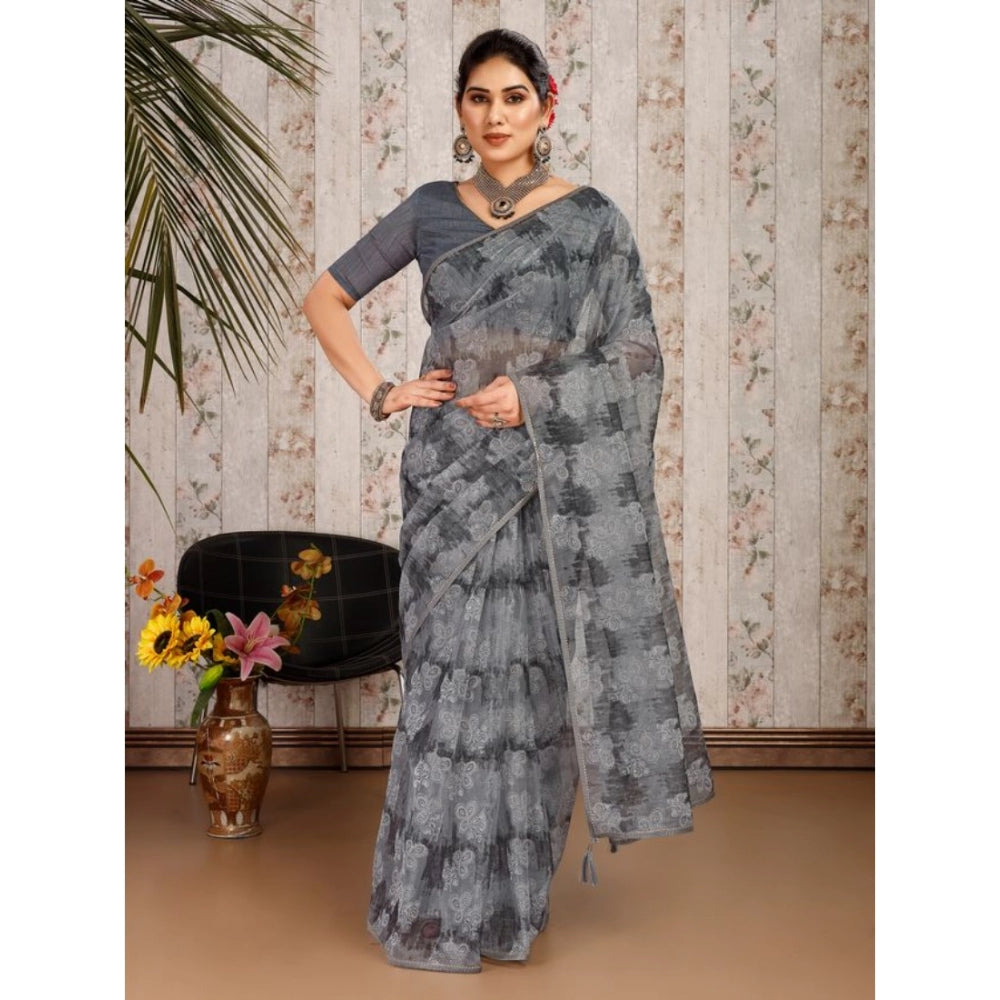 Generic Women's Linen Floral Printed Saree With Unstitched Blouse (Grey, 5-6 Mtrs) - Noble Nook