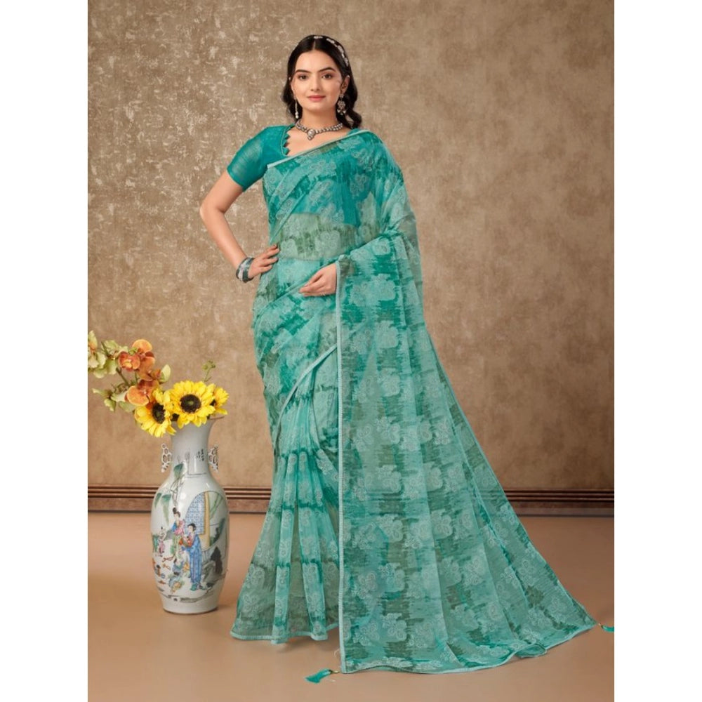 Generic Women's Linen Floral Printed Saree With Unstitched Blouse (Turquoise Green, 5-6 Mtrs) - Noble Nook