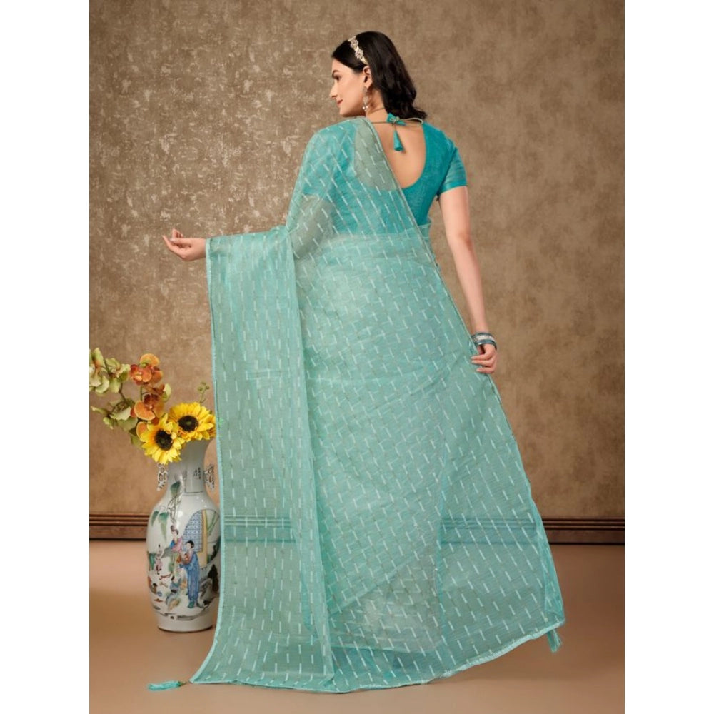 Generic Women's Linen Line Saree With Unstitched Blouse (Turquoise Green, 5-6 Mtrs) - Noble Nook