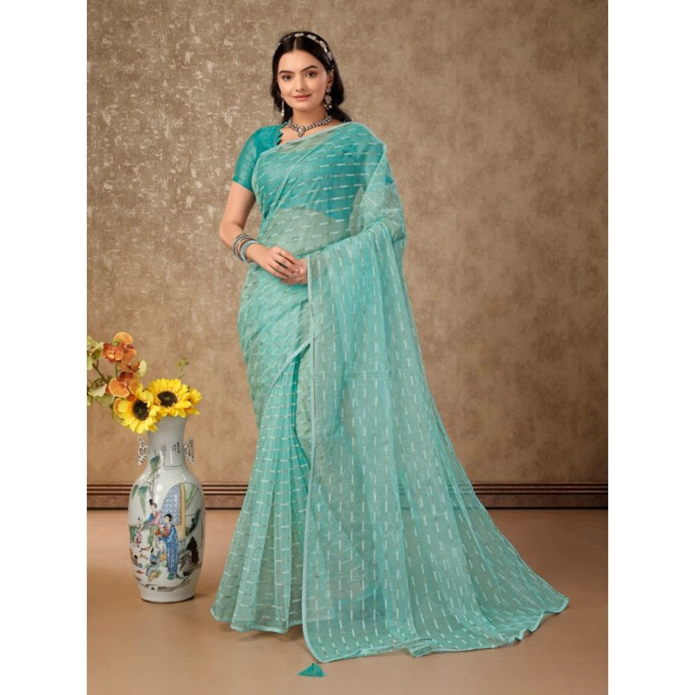 Generic Women's Linen Line Saree With Unstitched Blouse (Turquoise Green, 5-6 Mtrs) - Noble Nook