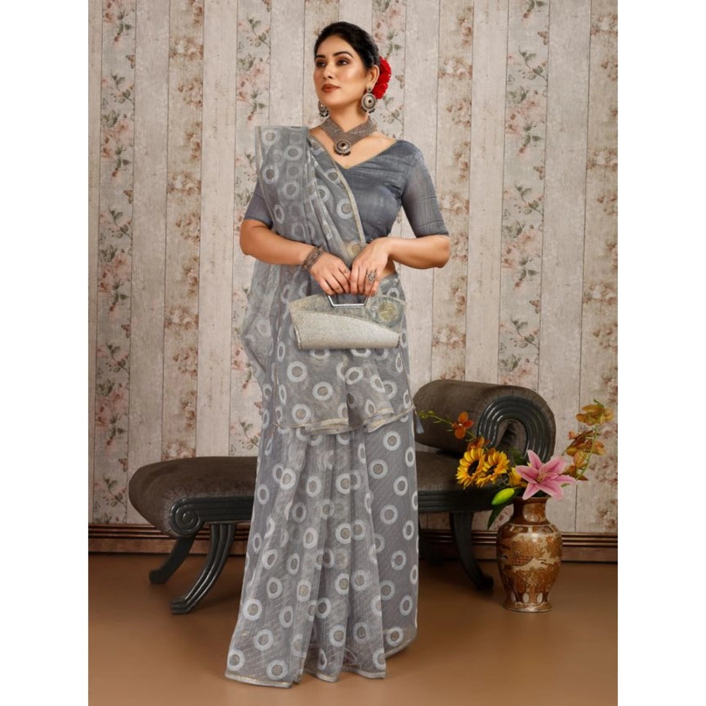 Generic Women's Linen Gola Printed Saree With Unstitched Blouse (Grey, 5-6 Mtrs) - Noble Nook