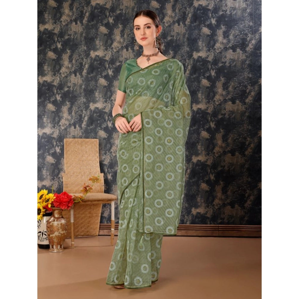 Generic Women's Linen Gola Printed Saree With Unstitched Blouse (Green, 5-6 Mtrs) - Noble Nook