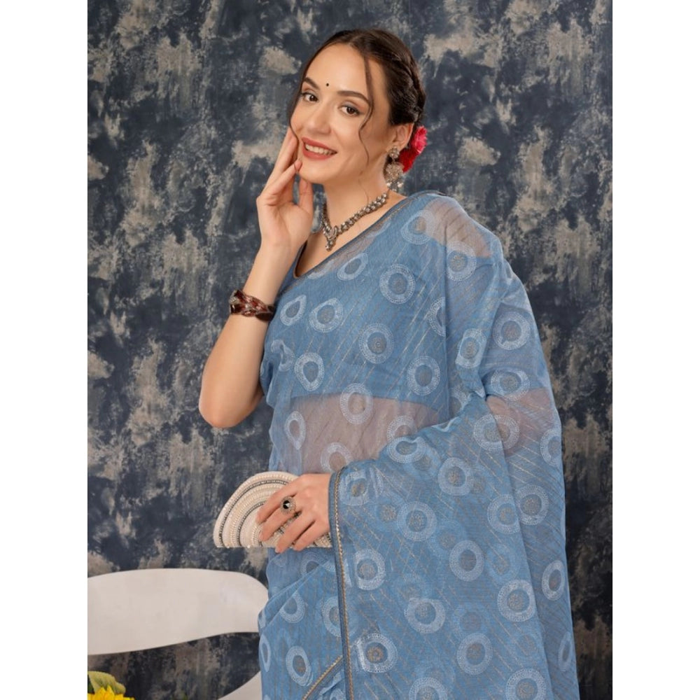 Generic Women's Linen Gola Printed Saree With Unstitched Blouse (Blue, 5-6 Mtrs) - Noble Nook