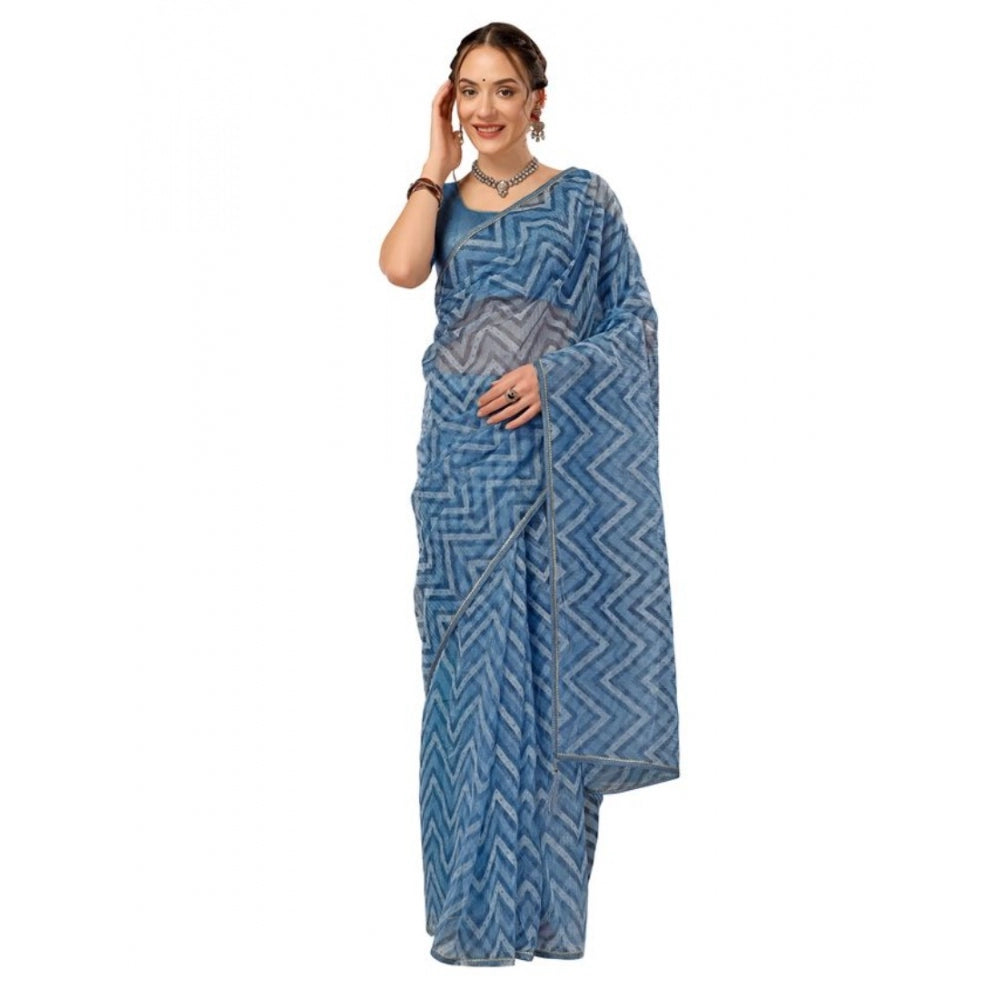 Generic Women's Linen Zig Zag Saree With Unstitched Blouse (Blue, 5-6 Mtrs) - Noble Nook