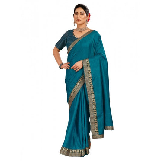 Generic Women's Vichitra Plain Saree With Unstitched Blouse (Blue, 5-6 Mtrs) - Noble Nook