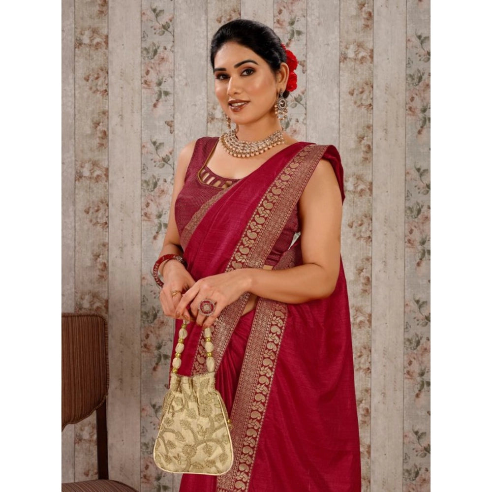 Generic Women's Vichitra Plain Saree With Unstitched Blouse (Maroon, 5-6 Mtrs) - Noble Nook