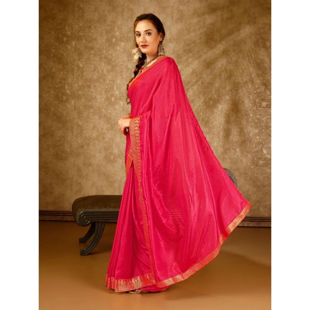 Generic Women's Vichitra Plain Saree With Unstitched Blouse (Pink, 5-6 Mtrs) - Noble Nook