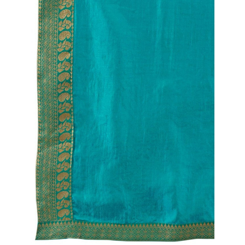 Generic Women's Vichitra Plain Saree With Unstitched Blouse (Teal Blue, 5-6 Mtrs) - Noble Nook