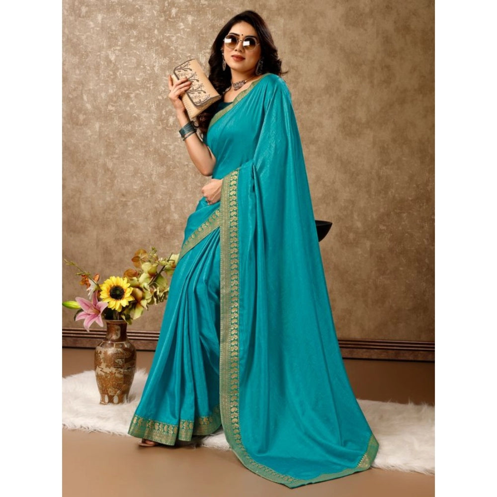 Generic Women's Vichitra Plain Saree With Unstitched Blouse (Teal Blue, 5-6 Mtrs) - Noble Nook