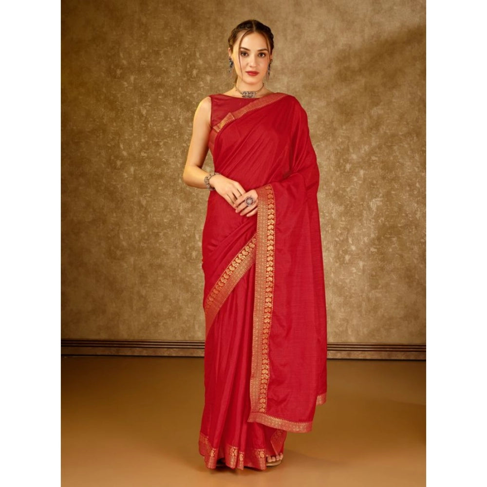 Generic Women's Vichitra Plain Saree With Unstitched Blouse (Red, 5-6 Mtrs) - Noble Nook