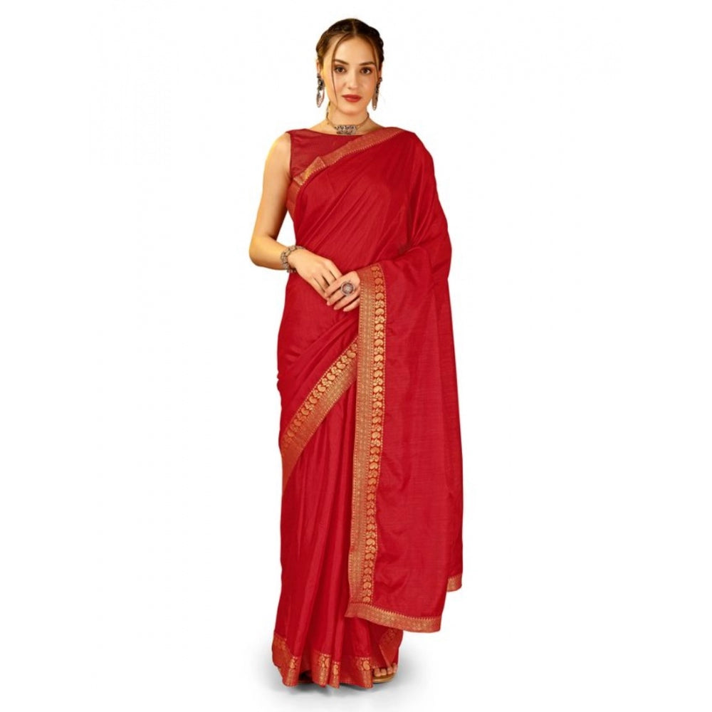 Generic Women's Vichitra Plain Saree With Unstitched Blouse (Red, 5-6 Mtrs) - Noble Nook