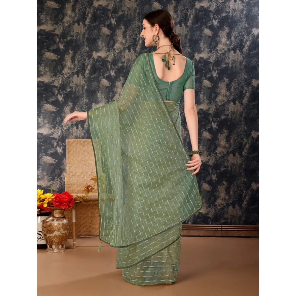 Generic Women's Linen Line Saree With Unstitched Blouse (Green, 5-6 Mtrs) - Noble Nook