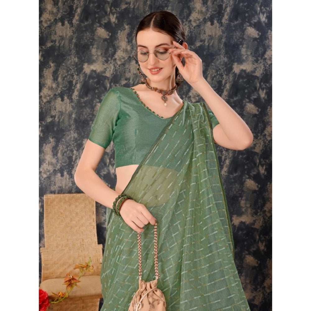 Generic Women's Linen Line Saree With Unstitched Blouse (Green, 5-6 Mtrs) - Noble Nook