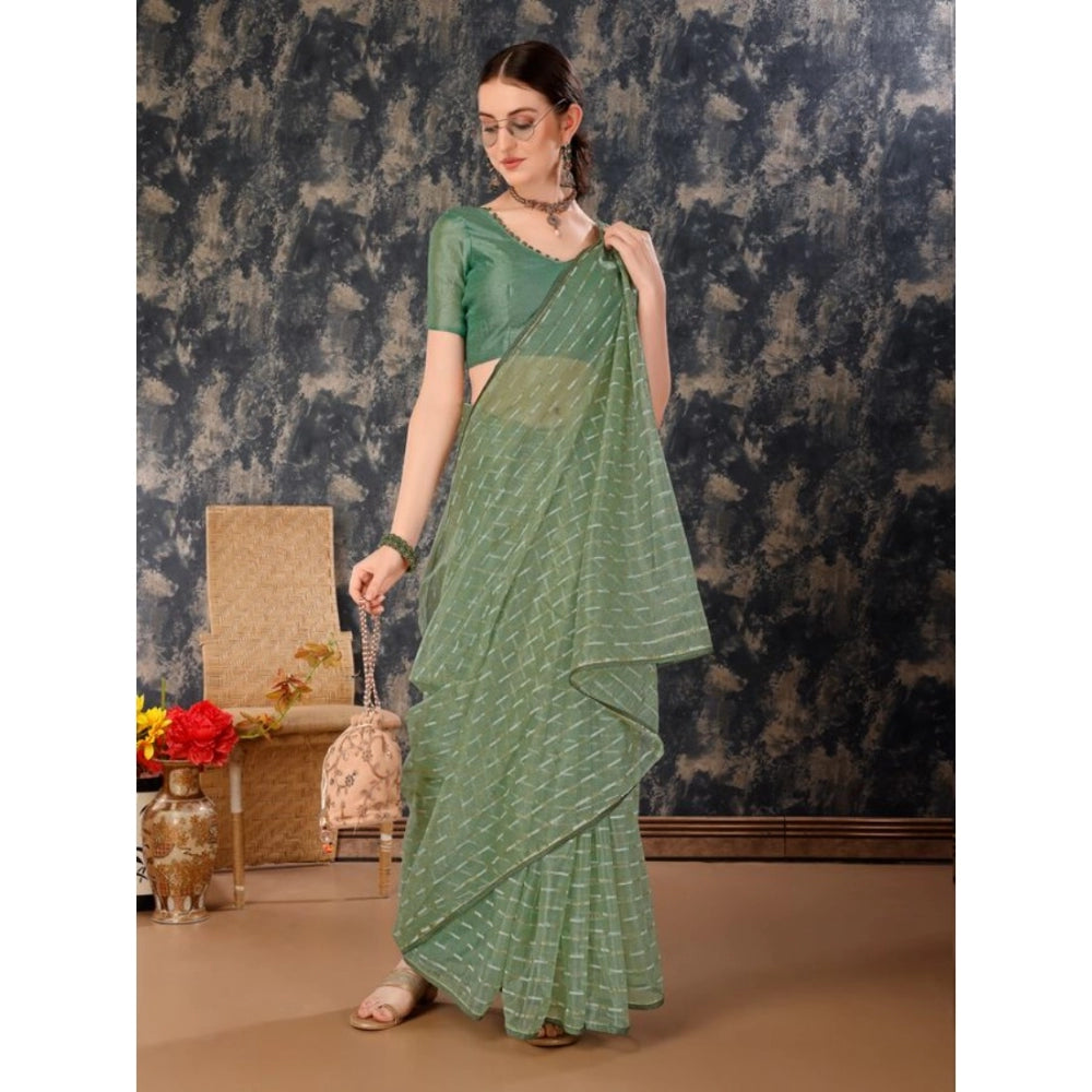 Generic Women's Linen Line Saree With Unstitched Blouse (Green, 5-6 Mtrs) - Noble Nook