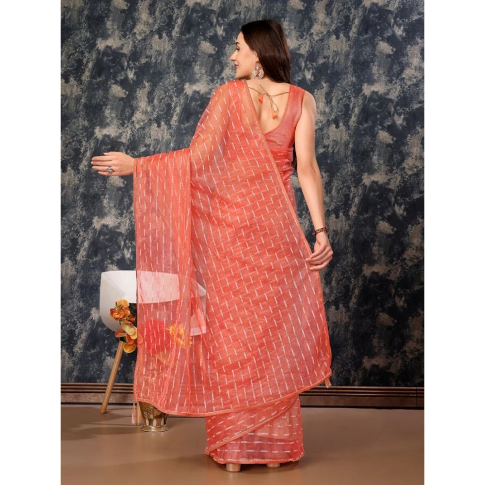 Generic Women's Linen Line Saree With Unstitched Blouse (Orange, 5-6 Mtrs) - Noble Nook