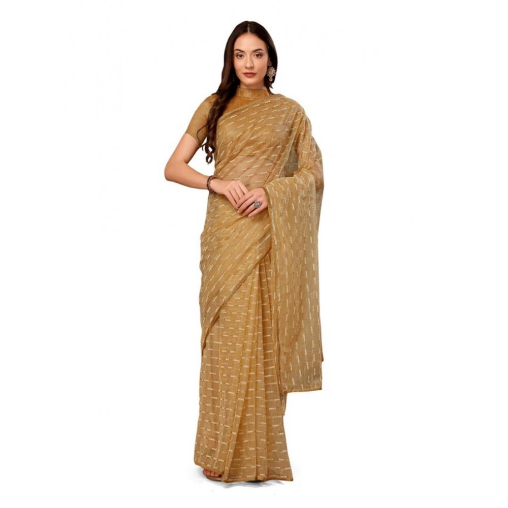 Generic Women's Linen Line Saree With Unstitched Blouse (Beige, 5-6 Mtrs) - Noble Nook