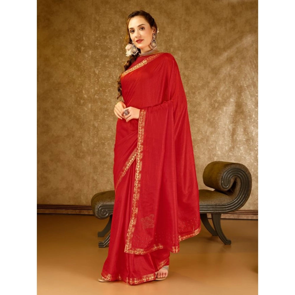 Generic Women's Vichitra Printed Saree With Unstitched Blouse (Red, 5-6 Mtrs) - Noble Nook